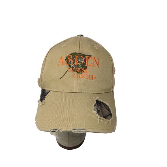 Aspen Dental Distressed Brown/Camo Hat Ripped Hidden Camo OSFM Strapback - Picture 1 of 9